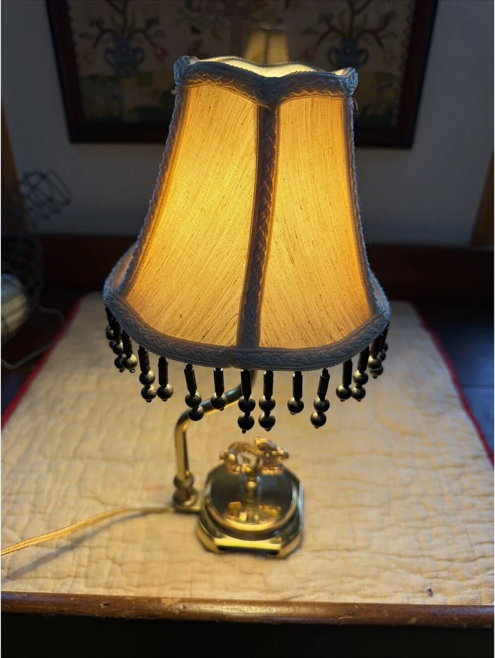 VTG Brass Table Lamp w/ Crystal Rabbit Figure Cottage Beaded Shade Shabby Chic